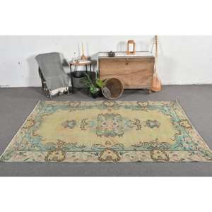 Alfombra turca vintage de 5x8 pies, lana de retazos amarillos y algas marinas, pasillo rectangular de área grande para decoración de habitación - Product Image 1