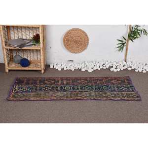 Vintage 1.9 X 4.9ft vert et bleu turc laine tapis Patchwork plat tissage pour salon décor Latex soutenu - Product Image 1