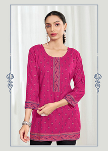 Kurti court multi-imprimé en tissu Bombay de rayonne lourde pour le style formel de coton de filles de bureau et d'université - Product Image 2