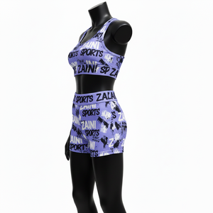 Ensemble short et haut pour femme en tissu extensible polyester élasthanne 220 GSM, violet, noir, blanc, avec logo imprimé par sublimation, ensemble short en coton pour femme - Product Image 4