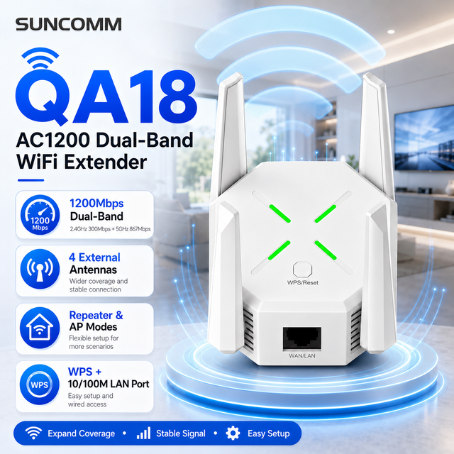2.4G 5G Dual Band 1200Mbps WiFi Repeater Extender with RJ45 Network Port WPS for Home Office