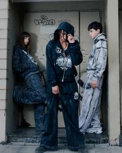 Imprimé personnalisé Vintage délavé hommes lourd survêtement survêtements en coton épais de détresse ensemble de deux pièces strass solide - Product Image 2