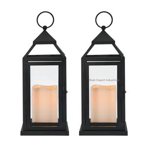 Juego de 2 faroles de velas de metal y vidrio recubiertos de negro para interiores y exteriores, farolillos colgantes de decoración navideña - Product Image 1