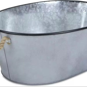 Large Oval Metal Bucket with <b>Rope</b> Handle Rim Galvanized Gray Brown <b>Black</b>-for Party Decorations - Product Image 5