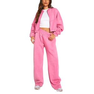 Ensemble de 2 pièces délavé à l'acide de haute qualité pour femmes survêtements décontractés à fermeture éclair et au look vieilli pour femmes - Product Image 1