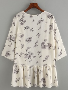 Women <b>Kimono</b> Cover up V Neck Flower Pattern Front Open Train Bottom Frill Casual Printed Chiffon A-Line Knee-Length Tunics - Product Image 2