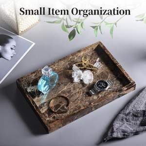 Plateau de salle de bain en marbre marron de luxe moderne pour l'organisation des parfums, des bijoux, du maquillage et des produits de soin de la peau, plateau de vanité élégant pour la maison - Product Image 2