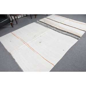 Alfombra de lana turca Vintage, alfombra de área de retazos blanca y naranja moderna, técnica de tejido plano de 6,5x9,5 pies, decoraciones de sala de estar de látex - Product Image 4