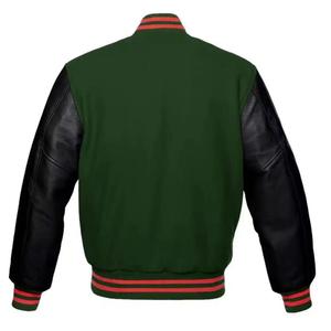 Chaqueta Varsity Verde para Hombre con Mangas de Cuero PU Negro, Cuello Camisero, Corte Regular, Ropa Exterior Informal de Otoño - Product Image 1