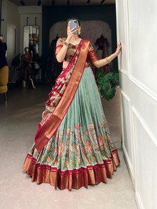 Magnifique Lehenga Choli en soie FABZONE pour l'hiver, imprimé Kalamkari avec bordure tissée Zari, décontracté - Product Image 3