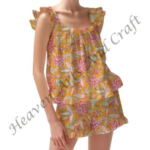 Nuevo Conjunto de pijama corto con estampado de bloques de algodón 100%, conjunto de pijama suave con flores indias para Primavera/Verano, conjunto de PJ ajustado con tiras y volantes - Product Image 3