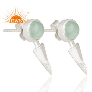 Pendientes Colgantes de Plata de Ley Fina Hechos a Mano con Gemas Naturales de Calcedonia Aqua y Circonita Cúbica, Fabricante de Joyería Personalizada - Product Image 2