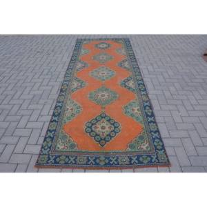 Tapis turc vintage de grande surface 3.8ft X 10.7ft classique Orange bleu Style laine latex pour couloir chambre Rectangle Patchwork - Product Image 1