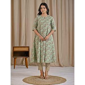 Conjunto de Kurta y Pantalón de Algodón Estampado con Patrón Floral Pastel, Ropa Casual Transpirable para el Día a Día, Opciones de Largo hasta el Suelo y hasta la Rodilla, Talla 6XL - Product Image 3