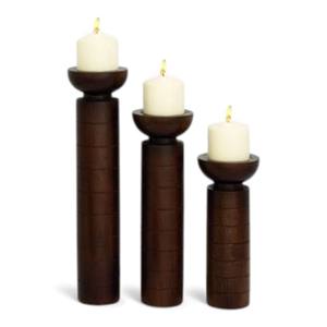 Dark Wooden Pillar <b>Candle</b> Holder Set With Rounded Bowl Top And Modern Linear <b>Carved</b> Design Unique - Product Image 1