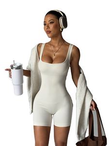 Combinaison de yoga classique sans coutures à dos en U, col rond, sans manches, couleur unie, antibactérienne, en Spandex/Nylon, longueur cheville - Product Image 4