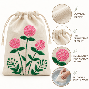 Bolsa de Algodón Bordada con Cordón, Diseño Prado Rosa, 4.5 x 6.5 Pulgadas, 150 GSM, Natural, Pequeña, Reutilizable, para Joyería, Regalos y Embalaje Floral - Product Image 2