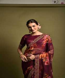 NOUVEAU ARRIVÉ Georgette Soie Floral Imprimé Séquence Dentelle Travail Indien Tenue Traditionnelle Fête Festival Saree Blouse Non Cousue Vin - Product Image 2