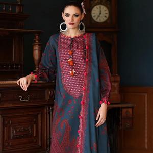 Vêtements imprimés brodés indiens pakistanais lenin salwar kameez pour robes d'hiver pour dames en tissu de qualité d'exportation - Product Image 1
