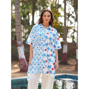 Vintage Oversized Asymmetrical Long <b>Shirt</b>-Loose Fit Poplin & Knitted Fabric Button Detail Casual <b>Western</b> Style - Product Image 1