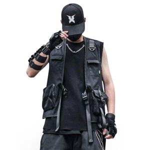 Style punk multi-poches hommes gilet à capuche Streetwear logo personnalisé gilet coupe-vent noir Techwear gilet bouclé fermeture éclair Cargo veste - Product Image 5