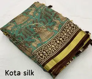 Top trending New kota printed Quality soft hota silk printed saree with weaving pattu border Tassels on pallu Blouse running