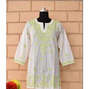 Kurti algodón mujeres bordado mangas largas corto Kurti Kashmiri Top blanco y verde bordado - Product Image 1