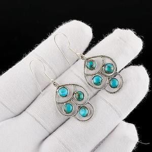 Cuivre Turquoise pierres précieuses boucles d'oreilles 925 solide en argent Sterling forme ronde boucles d'oreilles pour femmes filles balancent boucles d'oreilles bijoux - Product Image 3