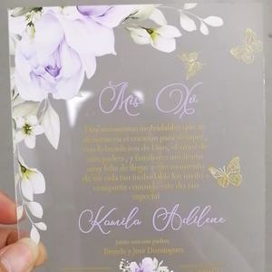 Invitations de <span class=keywords><strong>mariage</strong></span> floral violet clair transparent en PVC de 1mm <span class=keywords><strong>et</strong></span> Invitations de coing violet doré ANOS Lavande Lilas Invitations - Product Image 4