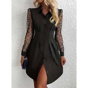 Vestido Corto de Crepé Importado con Cuello y Botones para Mujer, Manga Larga, 29566 - Negro - Product Image 1