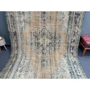 พรมวินเทจขนาดใหญ่ 6x9.8 ฟุต พรมตุรกี ลายต้นไม้และพืชสีน้ำเงิน พรมขนสัตว์ - Product Image 3