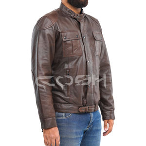 Vintage-Style Dark Brown Genuine Leather Bomber <b>Jacket</b> with Snap-Button Front Closure and Band Collar - Product Image 4