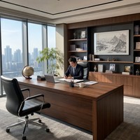 Bureau de direction contemporain en L, table de direction de luxe en noyer avec armoire latérale de rangement, durable et modulaire, pour usage commercial