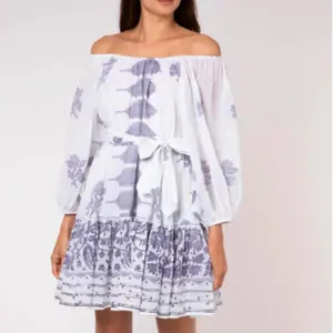 Boho Ladies Dress Com Indigo Dhaka Print & Metallic Trim Hem Wonder Girls Vestido De Verão Na Moda Para Brunches preguiçosos