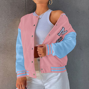 Chaqueta universitaria rosa de alta calidad personalizada para mujer con cuello levantado bordado de letras hombro caído-para abrigos de invierno universitarios - Product Image 4