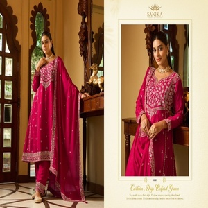 Nouveauté Chinon Soie Avec Miroir Travail Broderie Salwar Costume Femme Fabricant De Mode Et Fournisseur De Surat - Product Image 1