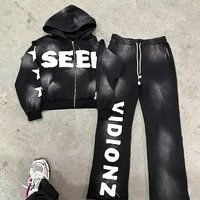 Conjunto Deportivo Personalizado con Logotipo, Impresión Digital, 100% Algodón, Lavado con Efecto Desgastado por el Sol, Sudadera con Capucha y Pantalones Deportivos con Cremallera Completa para Hombre