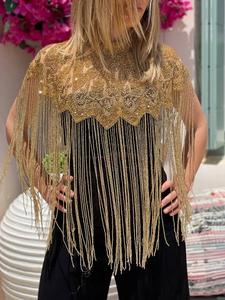 Elegante capa burlesca con flecos de lentejuelas con cuentas bordadas se sujeta en el cuello silueta recta para uso festivo - Product Image 2