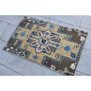 Vintage Turkish Rug, 2.1x3.3 ft Small Rug, <b>Brown</b> Blue Camouflage <b>Wool</b> Rug - Product Image 2