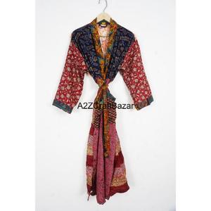 Robe longue bohème en soie pour femme, imprimé patchwork, col en V, cordon de serrage, manches longues, respirante, douce, séchage rapide, élégante - Product Image 1