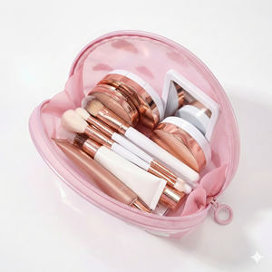 กระเป๋าเครื่องสำอางแบบด้านลายไล่สีแบบกำหนดเอง พิมพ์ลายนูน 3 มิติ รูปทรงเปลือกหอย ลายเมฆ กันน้ำ พร้อมหูหิ้วยาง - Product Image 4