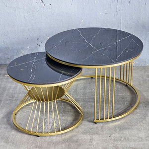 Modern Farmhouse Double Sofa <b>Table</b> with Stone Top and Iron Frame Nesting Movable <b>Side</b> <b>Table</b> for Entry or Living Room TT68214 - Product Image 2