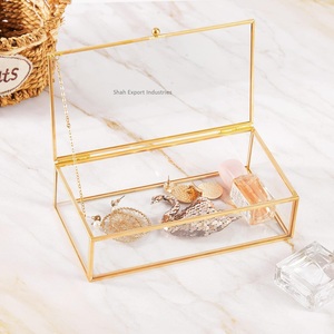 Caja de cristal rectangular decorativa de latón/organizador de almacenamiento de vidrio para maquillaje anillo pendiente collar joyero de oro - Product Image 1