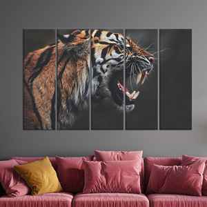 Arte de pared en lienzo de tigre rugiente: decoración de jungla feroz, JUEGO DE 5 LIENZOS - Product Image 1