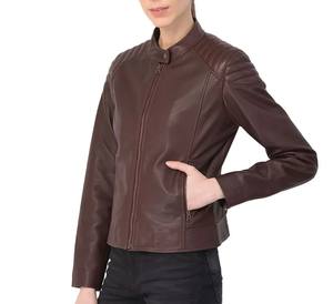 แจ็คเก็ตหนังแกะสีน้ำตาลเข้มสำหรับผู้หญิง ระบายอากาศได้ดี แบบเย็บติดกัน มีซิป ทรงนักแข่ง บุด้วยผ้าฝ้าย - Product Image 5