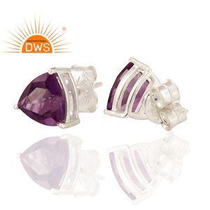 Boucles d'oreilles en améthyste violette, vente en gros, bijoux en argent 925 fin, petites boucles d'oreilles clous en forme de trionne, bijoux - Product Image 4