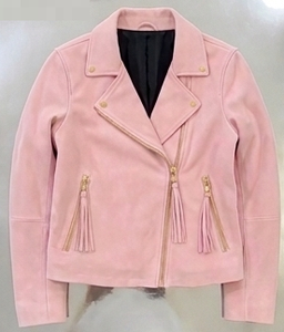 Chaqueta de Motociclista de Gamuza Rosa Bebé con Cremallera Dorada y Tirador de Borla - Product Image 1