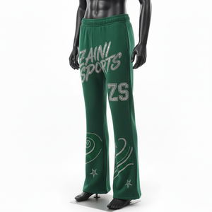 Pantalones Acampanados de Felpa de Algodón y Poliéster Premium, Verde Oscuro, Tela Suave y Cálida, con Pedrería Termoadhesiva y Logotipo Personalizado - Product Image 4