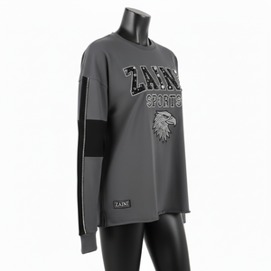 Premium <b>Long</b> <b>Sleeve</b> T Shirt Soft Cotton Fabric Grey <b>Black</b> Panel Design Rhinestone Heat Transfer Logo <b>Long</b> <b>Sleeve</b> T Shirt Cotton - Product Image 5