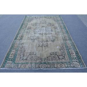 พรมตุรกีวินเทจขน5.9x9.1ft สีเขียวเบจทอลายเรียบมีการเย็บปะติดปะต่อกันสำหรับตกแต่งห้องนั่งเล่น - Product Image 1